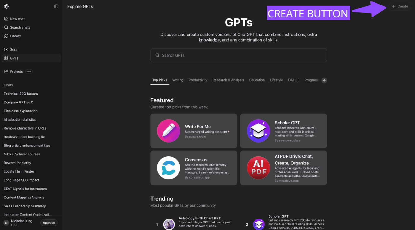 GPT سفارشی - دکمه Create